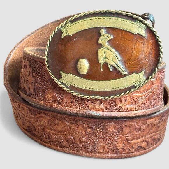VTG Barrel Racing Cowboy Trophy Belt Buckle Rodeo Western German Silver Tooled - Picture 4 of 11